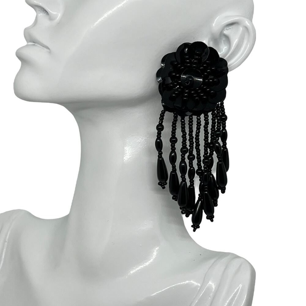 Dramatic Black Flower Sequin Beaded Fringe Statement Earring